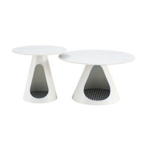 Accent Furniture Coffee Table Set - White Marble - Look Round Tables with Pet Nook Storage (set of 2)