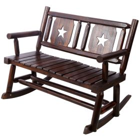 Outdoor Solid Wood Rocking Chair Bench Carbonized Double Rocking Chair For 2 People With Wide Curved Seat For Porch, Garden, Backyard, Rustic Brown