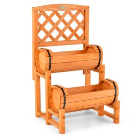 Backyard Planter Wooden 2 - Tier Raised Garden Bed with Trellis & Cylindrical Boxes
