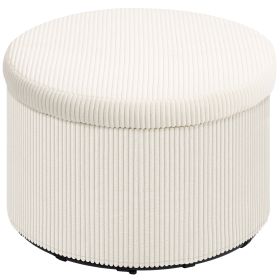 24 Inches Round Storage Ottoman Stool With Lid, Upholstered Corduroy Foot Rest For Living Room, Bedroom, Beige