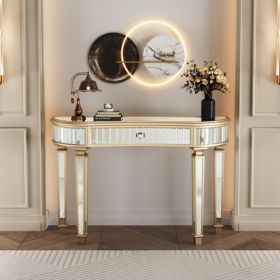 47 " Half - Moon Mirrored Console Table | Fluted Glass & Crystal Knob - Meta-Decor