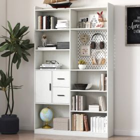 Modern White Bookcase with Pegboard & Drawers – 9-Cubby Storage Shelf