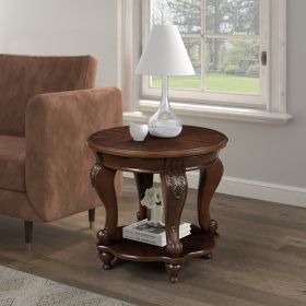 22'' Retro Round End Table,Solid Wood Sofa Side Table With Shelf for Living Room or Corner Table