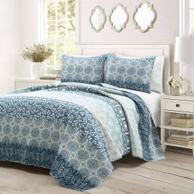 Bedding Quilt Set California King Lightweight Reversible Botanical Blue Damask