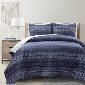 Bedding Quilt Set Full/Queen Navy Blue White Scandinavian Chevron Reversible Cotton 3-Piece