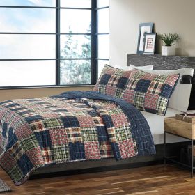 Bedding Quilt Set Full / Queen Cotton Farmhouse Red Navy Plaid 3-Piece