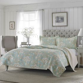 Bedding Quilt Set Full / Queen Cotton Seafoam Blue Beige Floral Pattern 3-Piece