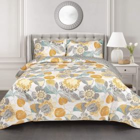 Bedding Quilt Set Full/Queen Yellow Grey Teal Floral Leaves Cotton Reversible 3-Piece