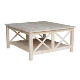 Unfinished Solid Wood Square Coffee Table-Rustic Parawood with Storage shelf