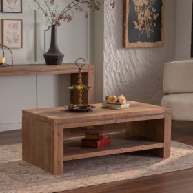Rustic solid Wood Coffee Table with Storage Shelf - 2-Tier Rectangle Table for Living Room & Office