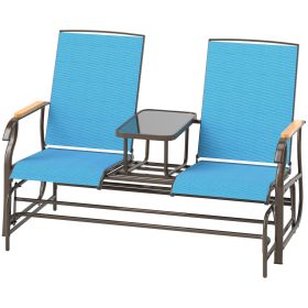 Backyard Benches 2-Person Outdoor Glider Bench with Table - Blue Steel Frame Loveseat