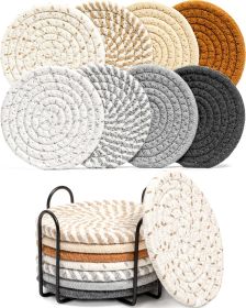 Woven Cotton Drink Coasters with Holder Set of 8