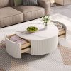 Modern Round Movable Coffee Table with Casters, 2 Drawers, Marble Pattern Sintered Stone Top, White, 29.5"
