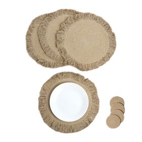 Braided Cotton Placemats 15 Inch Set of 4 with 4 Free Coasters Washable Anti Slip Heat Resistant Mats Boho Woven Round Table Mats for House Decor Kitc