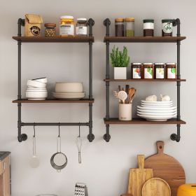 Bracketed Wall Shelf-Industrial Pipe Wall Shelf- 2-and 3-Tier Wood Kitchen Rack with Hooks