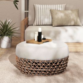 Willow 25" Round Upholstered Woven Patio Ottoman, Golden Brown Wicker Frame, Wheat Beige
