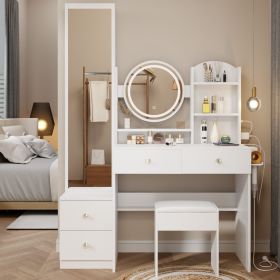 Full Body Mirror Cabinet + Round Mirror LED Vanity Table + Cushioned Stool, With 2 AC + 2 USB Power Station,17" diameter LED Mirror, Touch Control