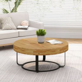 Modern Round Coffee Table Wooden Carving Pattern Coffee Table with Metal Legs for Living Room Reception Room Office ,Black