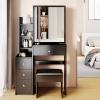 Small Space Left Bedside Cabinet Vanity Table + Cushioned Stool, Extra Large Right sliding mirror, Multi Layer High Capacity Storage