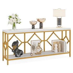 Entryway Industrial Sofa Table with Open Storage Shelf White 70.9 Inch Rectangular Console Table Behind Couch Display Stand Gold