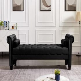 Black, Solid Wood Legs Velvet Rectangular Sofa Bench with Attached Cylindrical Pillows