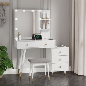 FCH Pitted Particle Board With Triamine Coating, Solid Wood Legs With Copper Sheath Decoration, 5 Drawers, 2-Layer Shelf, Mirror Cabinet With Strips