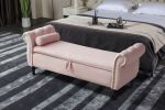 63&quot; Velvet Multifunctional Storage Rectangular Sofa Stool Buttons Tufted Nailhead Trimmed Solid Wood Legs with 1 Pillow; Light Pink