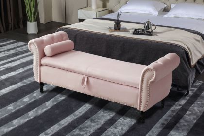 63&quot; Velvet Multifunctional Storage Rectangular Sofa Stool Buttons Tufted Nailhead Trimmed Solid Wood Legs with 1 Pillow; Light Pink