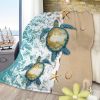 Sea Turtle Flannel Blanket Modern Coastal Ocean Beach Swirls Throw Blanket for Bed Sofa Couch Super Soft Lightweight Blue Ocean Animal Blanket 75*100c