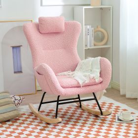 Teddy Rocking Chair-Pink Upholstered Glider with Pocket & Headrest