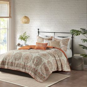 Bedding Quilt Set Full/Queen Orange  Reversible 6-Piece with Throw Pillows