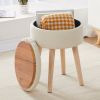 Storage Ottoman Linen Round Vanity Stool Tray Top Modern Foot Stool with Wood Legs Multifunctional Upholstered Foot Ottoman Rest for Living Room