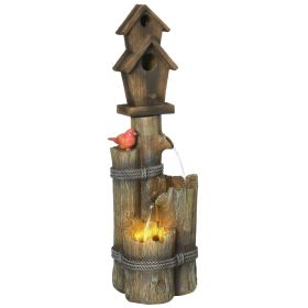 Rustic 3-Tier Log Fountain with Birdhouse & LED Lights