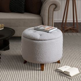 Round Ottoman storage stool with Cover Lid,Decorate the living room and bedroom with round teddy fleece storage Ottoman (Grey)