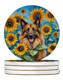 Belgian Tervuren in Sunflowers Large Sandstone Coasters Pack of 4 Absorbent Round Coasters Decor Gifts for Men or Women, 4 in, Multicolor