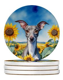 Italian Greyhound in Sunflowers Large Sandstone Coasters Pack of 4 Absorbent Round Coasters Decor Gifts for Men or Women, 4 in, Multicolor