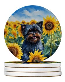 Affenpinscher in Sunflowers Large Sandstone Coasters Pack of 4 Absorbent Round Coasters Decor Gifts for Men or Women, 4 in, Multicolor