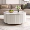 Modern Round Movable Coffee Table with Casters, 2 Drawers, Marble Pattern Sintered Stone Top, White, 29.5"