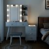 FCH Pitted Particle Board With Triamine Coating, Solid Wood Legs With Copper Sheath Decoration, 5 Drawers, 2-Layer Shelf, Mirror Cabinet With Strips