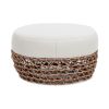 Willow 25" Round Upholstered Woven Patio Ottoman, Golden Brown Wicker Frame, Wheat Beige