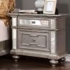 Glam 1pc Nightstand Silver Solid Wood Mirror Panel Accents Bedroom Furniture Crystal-like Acrylic Drawer Pulls Bun Feet Bedside Table