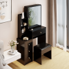 Small Space Left Bedside Cabinet Vanity Table + Cushioned Stool, Extra Large Right sliding mirror, Multi Layer High Capacity Storage