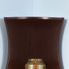 Five shelf corner bookcase rounded shelf fronts quarter circle red cocoa color