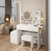 Full Body Mirror Cabinet + Round Mirror LED Vanity Table + Cushioned Stool, With 2 AC + 2 USB Power Station,17" diameter LED Mirror, Touch Control