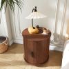 Mid Century Modern Cylinder End Table with Built-in Charging Station & Sliding Door, 2-Tier Storage Round Nightstand with USB Ports