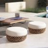 Willow 25" Round Upholstered Woven Patio Ottoman, Golden Brown Wicker Frame, Wheat Beige