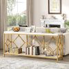 Entryway Industrial Sofa Table with Open Storage Shelf White 70.9 Inch Rectangular Console Table Behind Couch Display Stand Gold