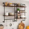 Bracketed Wall Shelf-Industrial Pipe Wall Shelf- 2-and 3-Tier Wood Kitchen Rack with Hooks