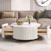 Modern Round Movable Coffee Table with Casters, 2 Drawers, Marble Pattern Sintered Stone Top, White, 29.5"