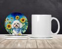 White Poodle in Sunflowers Large Sandstone Coasters Pack of 4 Absorbent Round Coasters Decor Gifts for Men or Women, 4 in, Multicolor